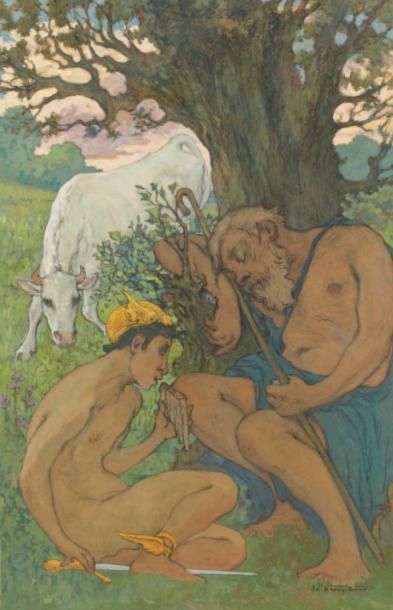 Edouard-Louis HENRY-BAUDOT (1871-1953) La Mythologie Fusain, aquarelle et gouache,...