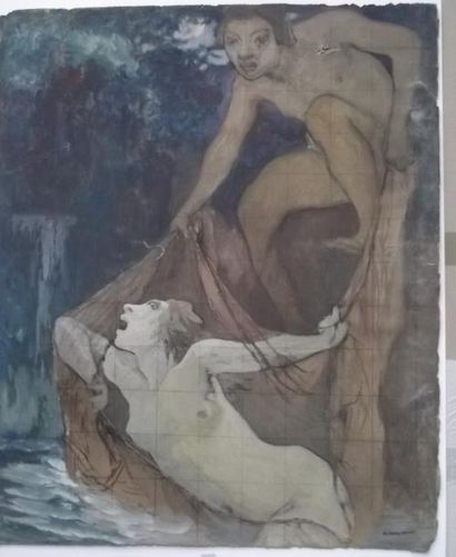 Edouard-Louis HENRY-BAUDOT (1871-1953) Dans les rets. Etude et mise au carreau Aquarelle...