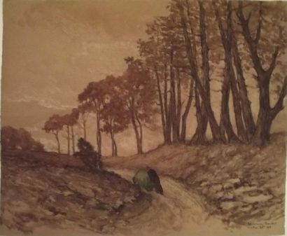 Edouard-Louis HENRY-BAUDOT (1871-1953) La brouette sur le chemin de Moëlan Fusain,...