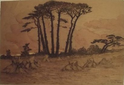 Edouard-Louis HENRY-BAUDOT (1871-1953) Meules et pins à Lanriec Fusain et aquarelle,...