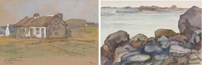 Edouard-Louis HENRY-BAUDOT (1871-1953) Réunion de deux dessins Les îles Chausey Aquarelle...