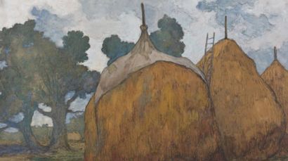 Edouard-Louis HENRY-BAUDOT (1871-1953) Les meules en Bretagne Fusain et gouache,...
