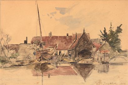 Johann Barthold JONGKIND (1819-1891) Small shipyard, caulking, 1858 
Watercolor,...