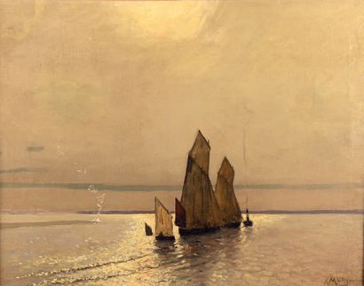 Albert MATIGNON (1869-1937) Boats leaving in the evening 
Oil on canvas.
Signed lower...