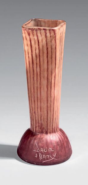 DAUM Conical vase on bulbous base. 
Industrial print in pink, orange glass, Signed.
Height:...