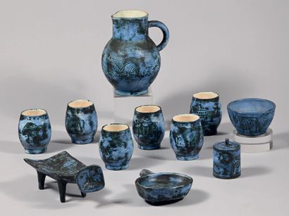 BLIN Jacques (1920-1995) ** Shaded blue glazed ceramic set including a small bowl...