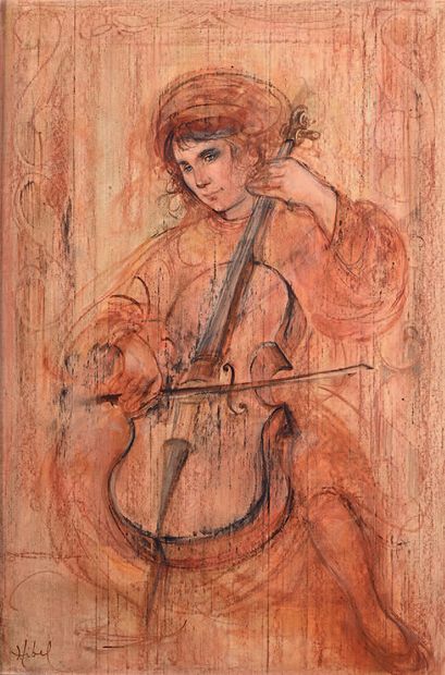 Edna HIBEL (1917-2014) La jeune violoncelliste
Huile sur toile marouflée sur carton,...