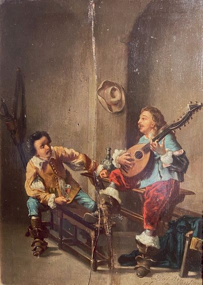 ÉCOLE XIXe siècle d'après Ernest MEISSONIER The Lute Player or A Song
Oil on panel,...