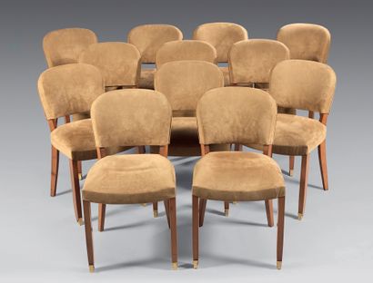 LELEU Jules (1883-1961) Suite of 12 speckled mahogany chairs, slightly concave backs,...
