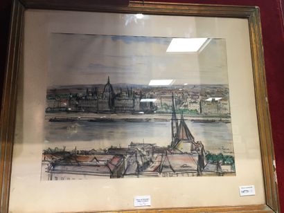 null School of the Xth century. View of Budapest. Pencil and watercolor signed lower...