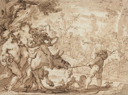 Domenico PIOLA (Gênes 1627 - 1703) Bacchus sur un âne, tiré par un putto Plume et...