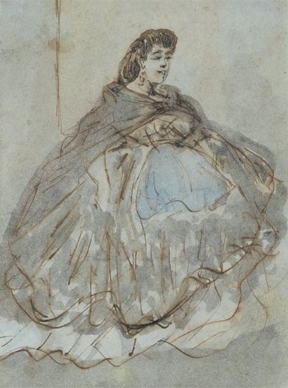 Constantin GUYS (Flessingue 1802 - Paris 1892) Portrait de femme assise, en crinoline...