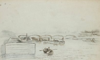 Stanislas LEPINE (Caen 1835 - Paris 1892) Le pont de la Concorde Crayon noir, plume...
