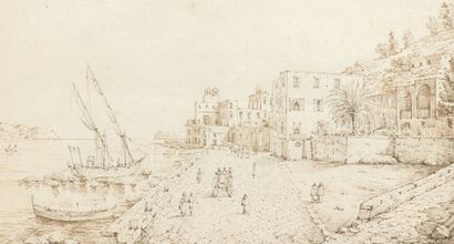 Antonio SENAPE (Rome 1788 - Naples 1850) Promeneurs sur le port de Naples Plume et...