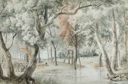Attribué à Alexandre Hyacinthe DUNOUY (1757 - 1841) Promeneurs dans une forêt Deux...