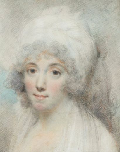 Ecole ANGLAISE du XIXème siècle Portrait d'une femme au turban Pierre noire et crayons...