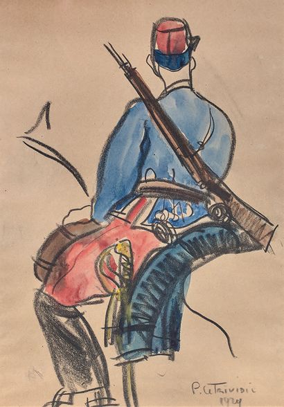 P. le Trividic Dessin au fusain aquarellé : Un cavalier de dos, signé en bas à droite...