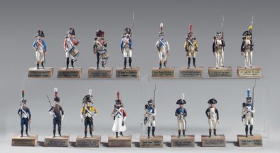 null Ensemble de 16 figurines par Dumesnil : infanterie de ligne et compagnie départementale...
