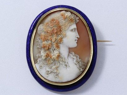 null Broche en or, ornée d'un beau camée coquille, représentant le buste d'une femme...