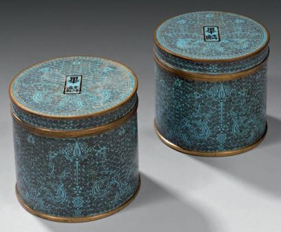 CHINE Paire de boites couvertes cylindriques en bronze cloisonné à fond bleu turquoise...
