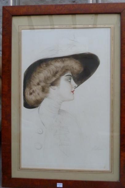 Paul HELLEU (1859 - 1927) Jeune femme à l'aigrette Pointe sèche en couleurs. Signature...