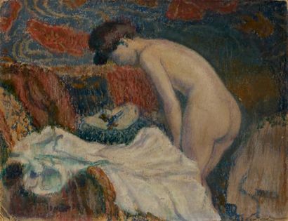 Georges LEMMEN (1865 - 1916) Modèle s'habillant, 1904 Huile sur carton, signée du...