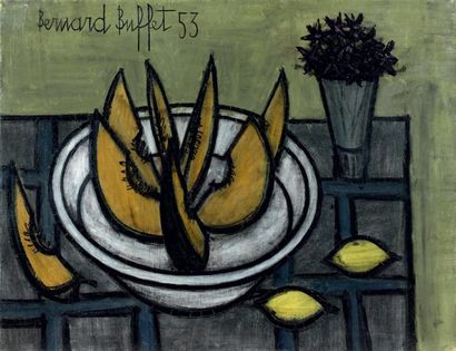 Bernard BUFFET (1928 - 1999) Nature morte au melon, 1953 Huile sur toile, signée...