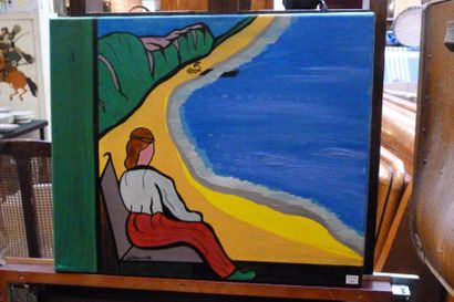 Guillaume FALQUE (Né en 1973) Femme assise devant la mer, 2002 Huile sur toile, signée...