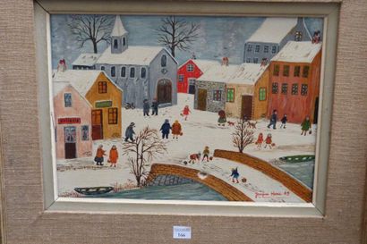 Jacques HARA (Né en 1933) Village sous la neige, 1969 Huile sur toile, signée et...