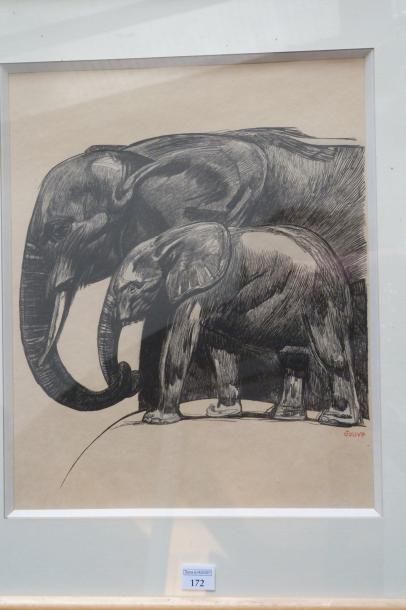 JOUVE Paul (1880 - 1973) «Éléphant et son petit». Gravure sur bois. Signature imprimée....