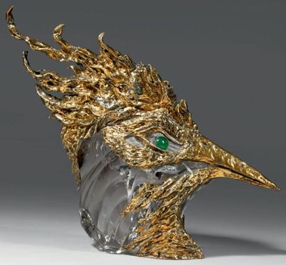 CHAUMET & BACCARAT "Oiseau de Paradis". Sculpture en vermeil et bloc de cristal brut...