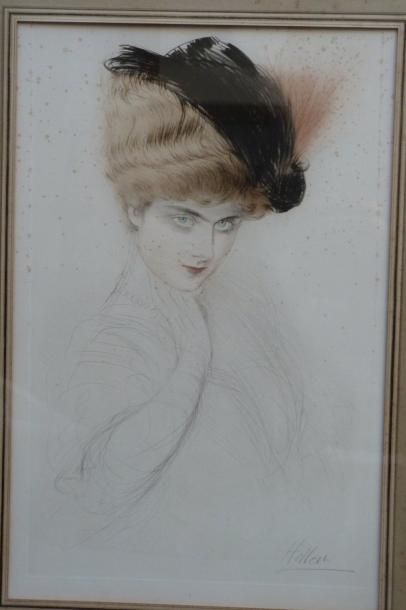 Paul HELLEU (1859 - 1927) Femme de profil au chapeau Pointe sèche en couleurs. Epreuve...