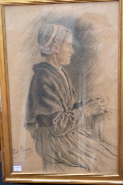 Paul ABRAM (1854 - 1925) Bretonne tricotant Dessin au crayon et crayons de couleurs,...