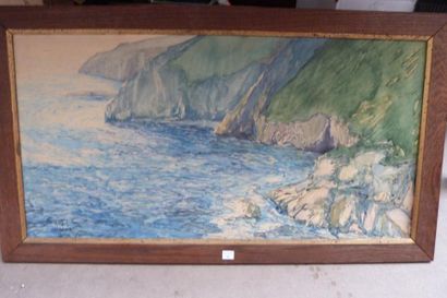ECOLE BRETONNE du XXème siècle Côte rocheuse en Bretagne Aquarelle, signée en bas...