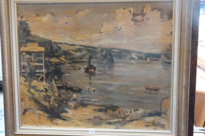 Robert FLEURENT (1904 - 1981) Guinguette sur les bords de Seine Huile sur carton,...