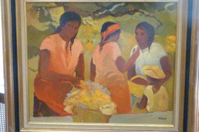 Eliane THIOLLIER (1926 - 1989) Trois indiennes Huile sur toile, signée en bas à droite,...