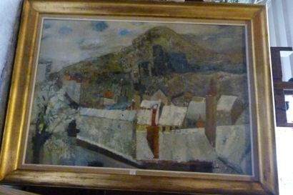 Guy BARDONE (né en 1927) Toits et montagne Huile sur toile, signée en bas à droite,...