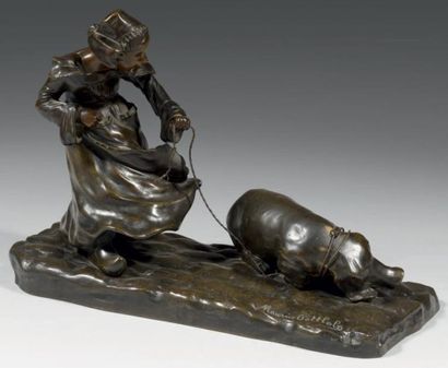 Maurice GOTTLOB (1885 - 1970) Jeune bretonne menant son cochon Épreuve en bronze...