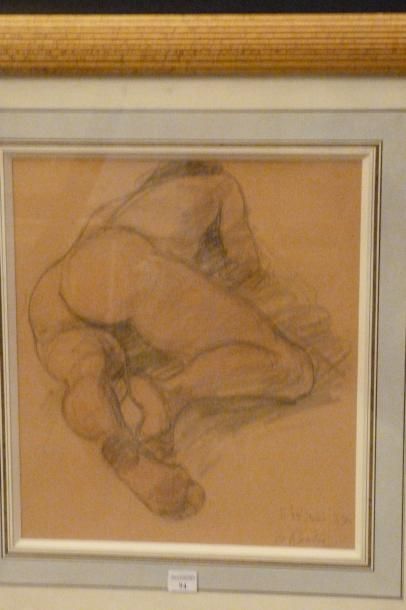 Odilon ROCHE (1868 - 1947) Nu allongé de dos, 1937 Dessin au crayon noir rehaussé...
