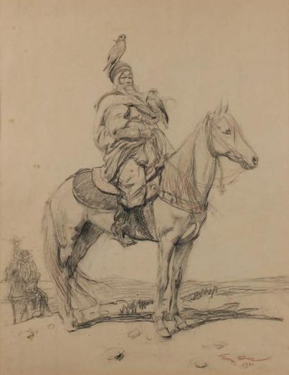 Georges SCOTT (1873 - 1942) Deux cavaliers arabes et leurs faucons, 1930 Dessin au...