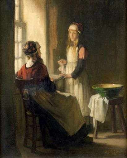Joseph BAIL (1862 - 1921) Jeunes filles à leur couture Huile sur toile, signée en...