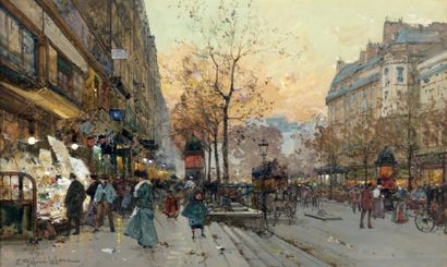 Eugène GALIEN-LALOUE (1854 - 1941) Paris, boulevard Bonne Nouvelle en automne Gouache,...