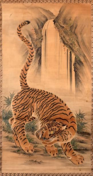 null KAKEMONO Grande peinture, représentant un tigre près d'une cascade 240 x 115...