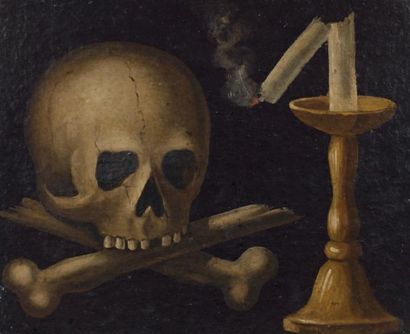 Ecole ESPAGNOLE du XVIIème siècle Vanité au crâne et à la bougie Papier 33 x 40 ...