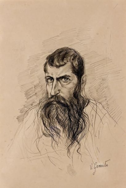 Vincenzo GEMITO (Naples 1852 - 1929) Autoportrait Plume et encre noire. Signé en...