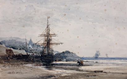 Jules NOEL (Nancy 1810 - Alger 1881) Bateau en cale à marée basse Aquarelle. Signé...