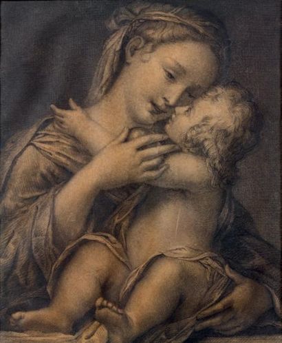 ÉCOLE BOLONAISE DU XVIIÈME SIÈCLE Vierge à l'Enfant Pierre noire sur parchemin 20,5...