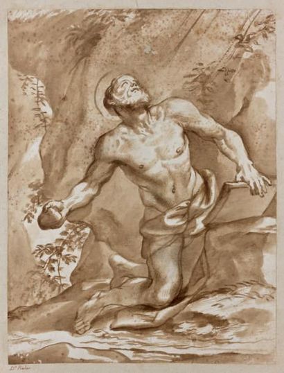 Domenico PIOLA (Gênes 1627 - 1703) Saint Jérôme pénitent agenouillé dans un paysage...