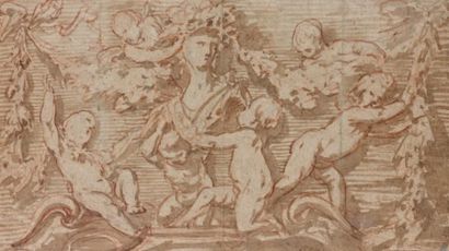 Jacob de WITT (1695 - 1754) Putti couronnant un buste de femme Lavis brun sur traits...