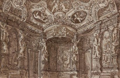 Ecole MILANAISE du XVIIIème siècle Vue d'un intérieur baroque décoré d'une alcôve...